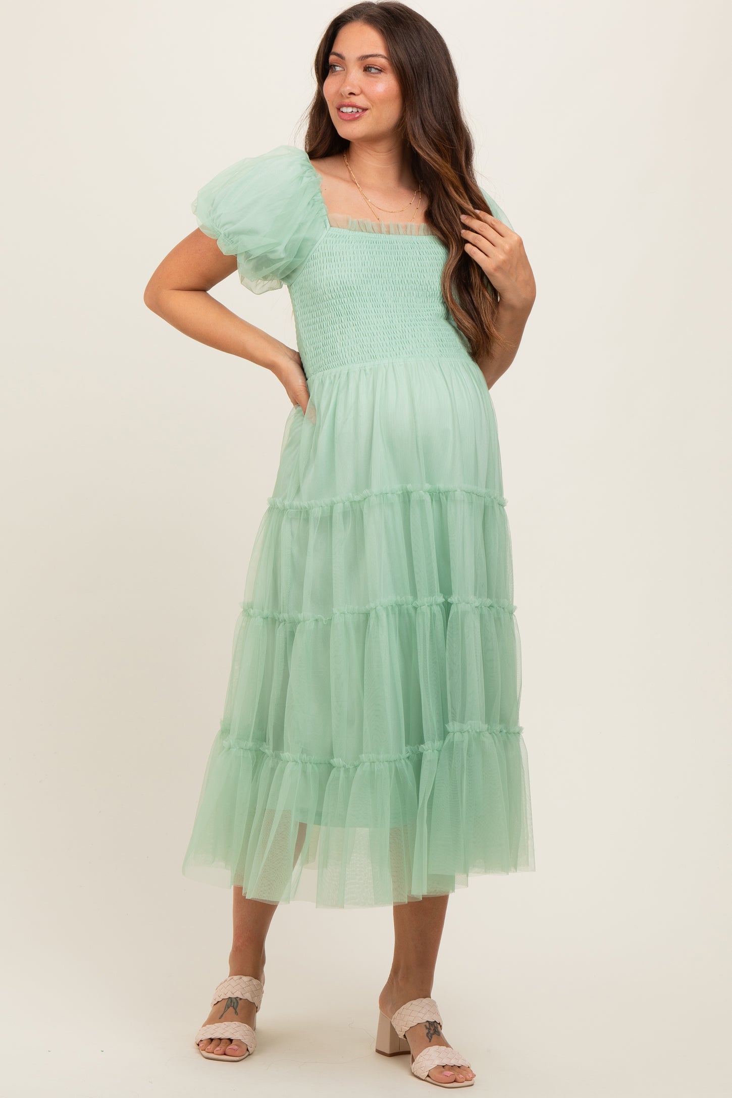 Mint Green Smocked Tiered Tulle Maternity Midi Dress PinkBlush Mint Green Smocked Tiered Tulle Maternity Midi Dress PinkBlush