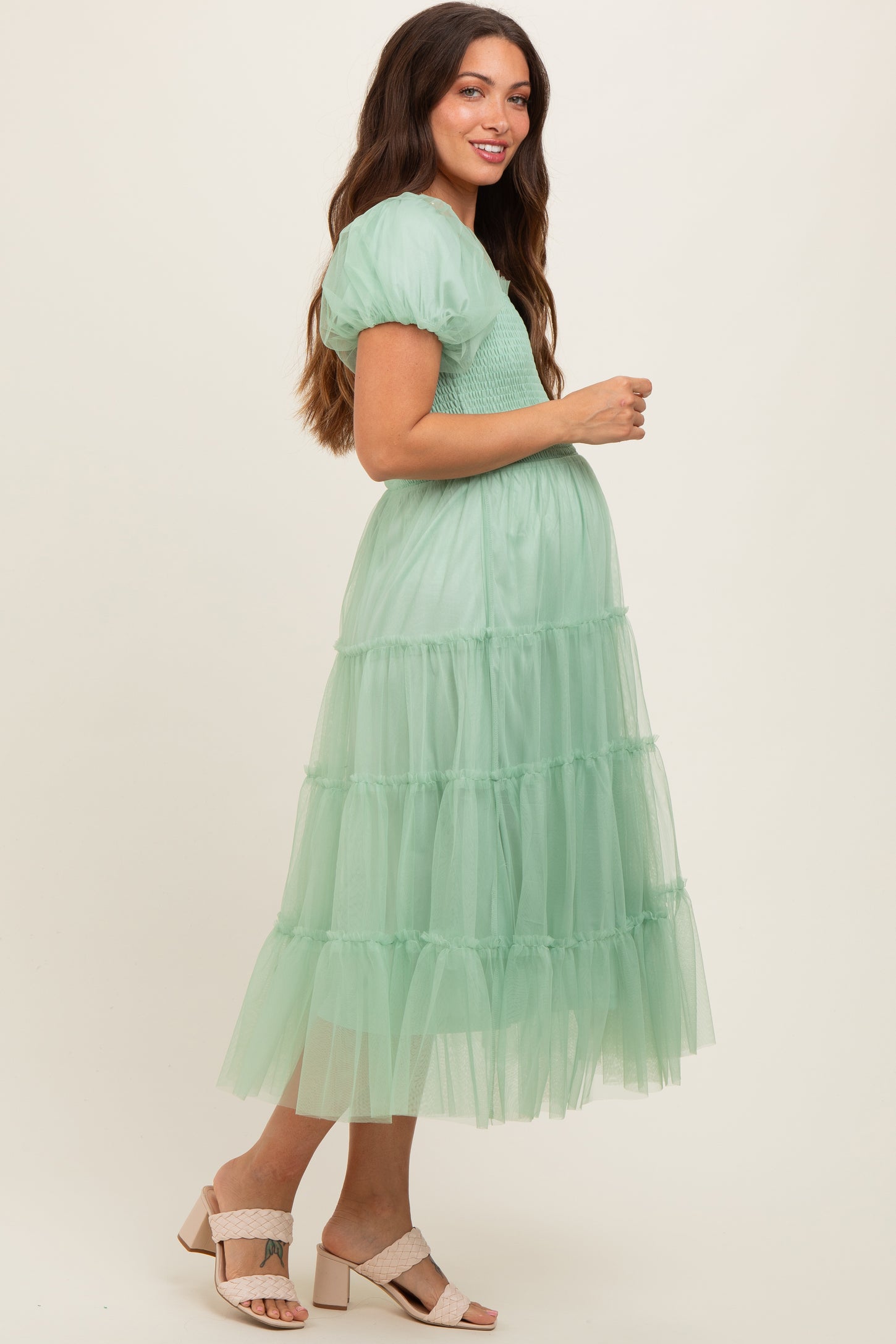 Mint Green Smocked Tiered Tulle Maternity Midi Dress PinkBlush Mint Green Smocked Tiered Tulle Maternity Midi Dress PinkBlush