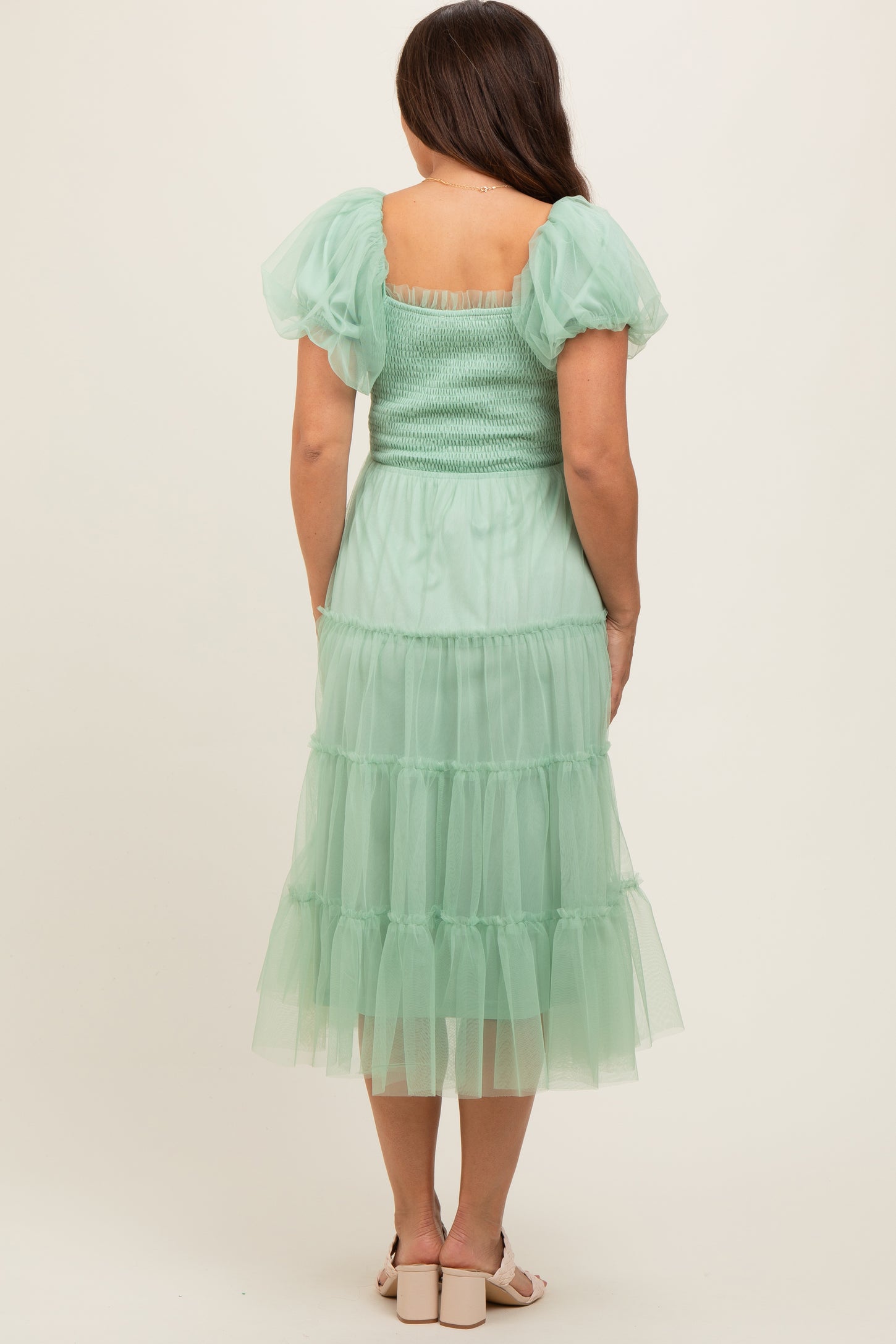 Mint Green Smocked Tiered Tulle Maternity Midi Dress – PinkBlush