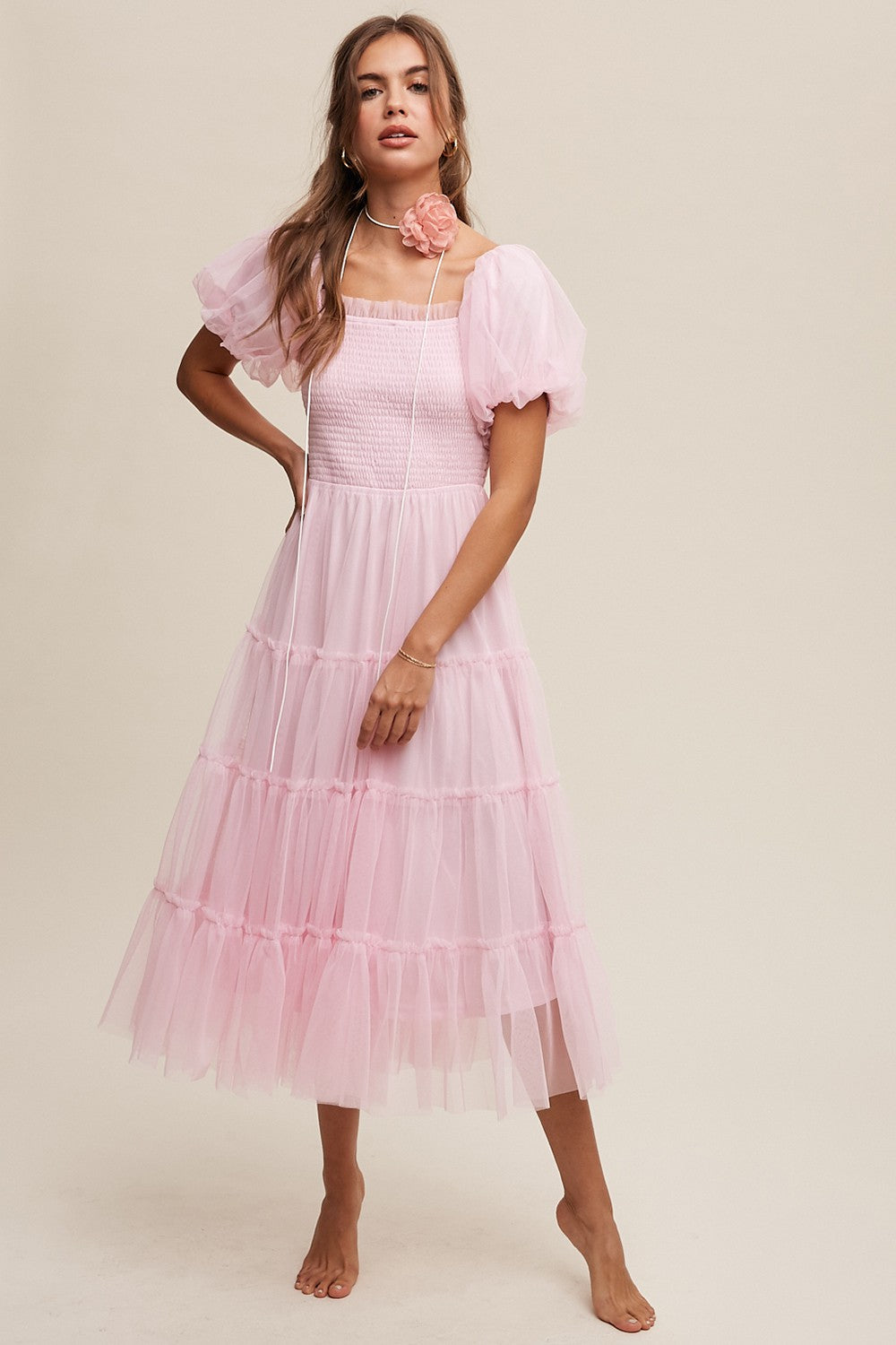 light pink tulle dress KissProm A-Line Tiered Spaghetti Straps Prom Dress, Pink / 18 tulle evening dress Pinkblush Light Pink Smocked Tiered