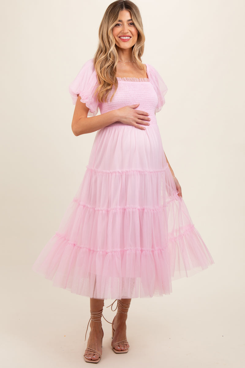 Pinkblush Light Pink Smocked Tiered Tulle Maternity Midi Dress Small