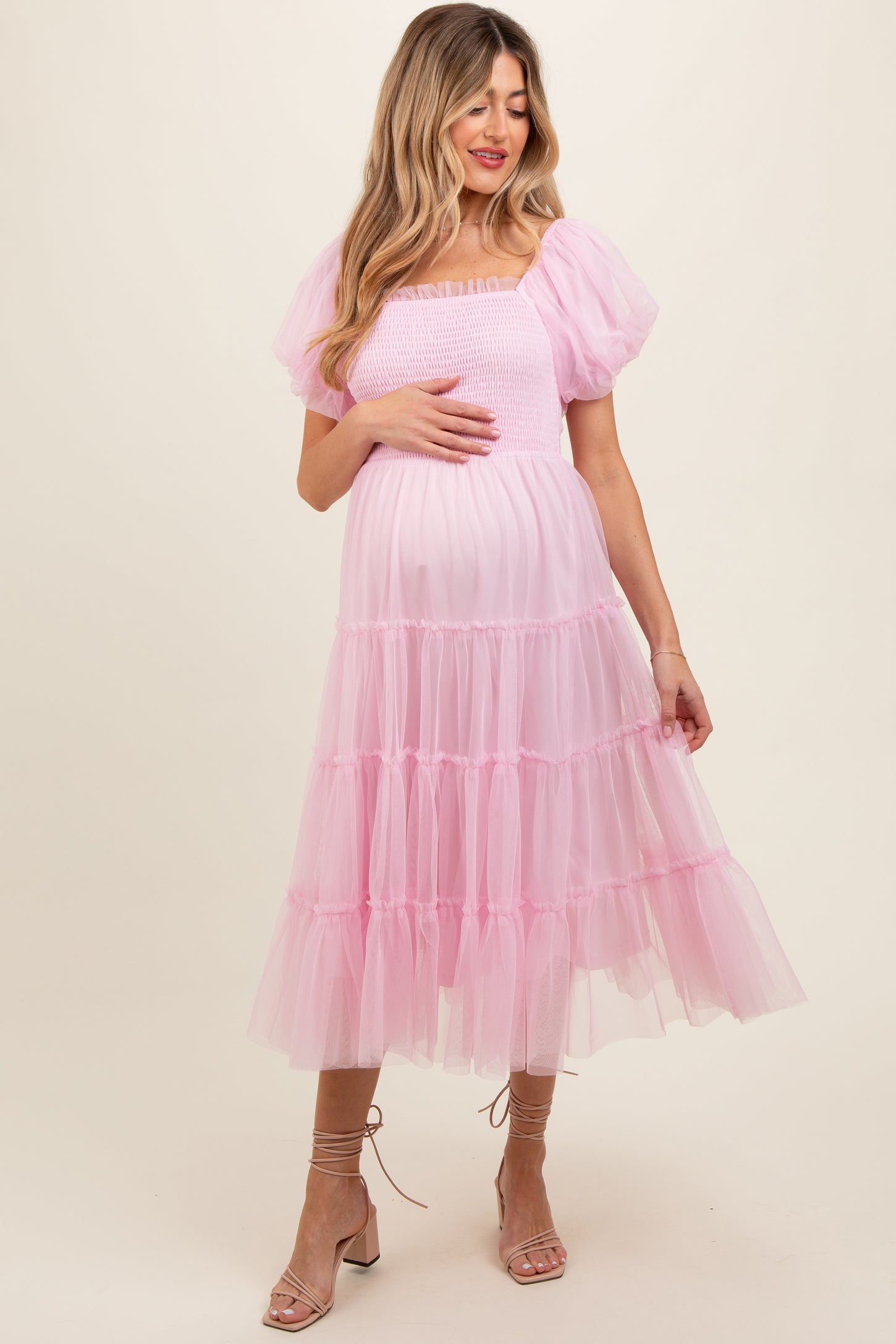Pinkblush Light Pink Smocked Tiered Tulle Maternity Midi Dress Small