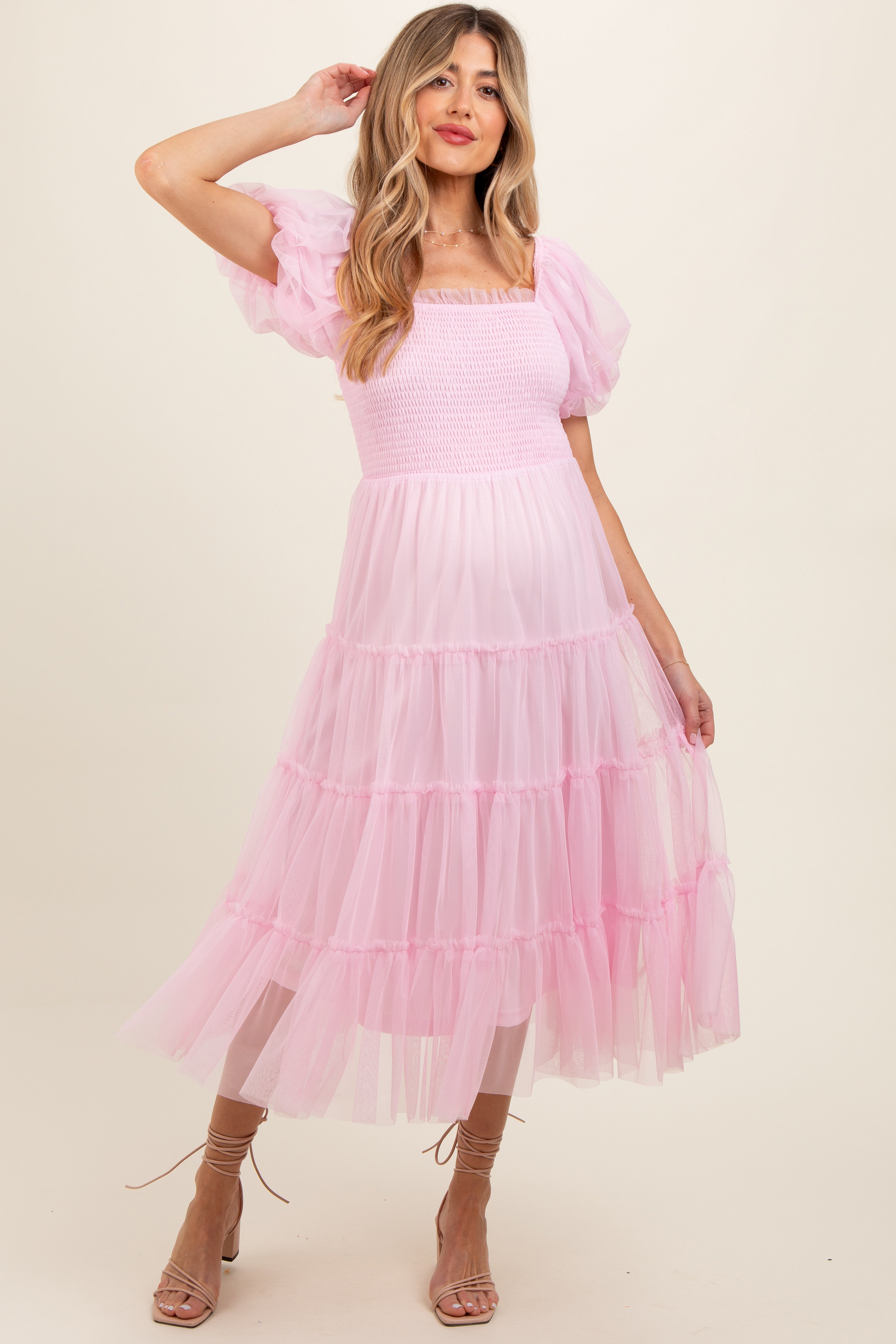 Pinkblush Light Pink Smocked Tiered Tulle Maternity Midi Dress Small