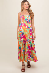 Green Printed Smocked Bodice Tiered Maternity Maxi Dress