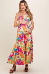 Green Printed Smocked Bodice Tiered Maternity Maxi Dress