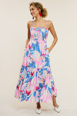 Pink Printed Smocked Bodice Tiered Maternity Maxi Dress