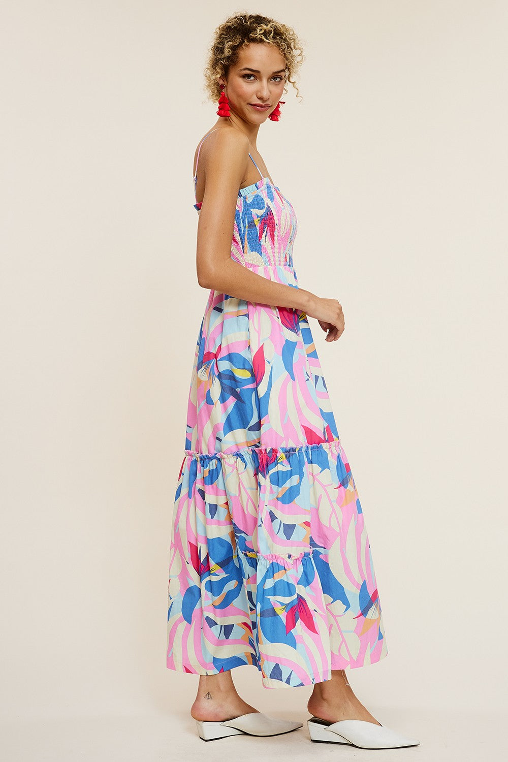 Pink Printed Smocked Bodice Tiered Maxi Dress