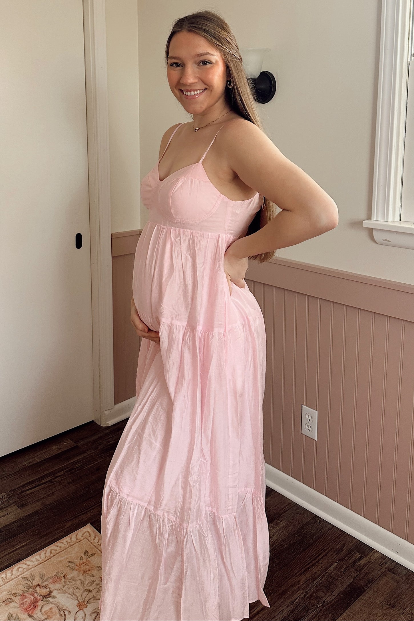 sleeveless women's light pink off the shoulder dress for pregnant PinkBlush Solid Maternity Fitted XL sweeping silhouette make it ideal for baby showers Light Pink Sleeveless Tiered Maternity