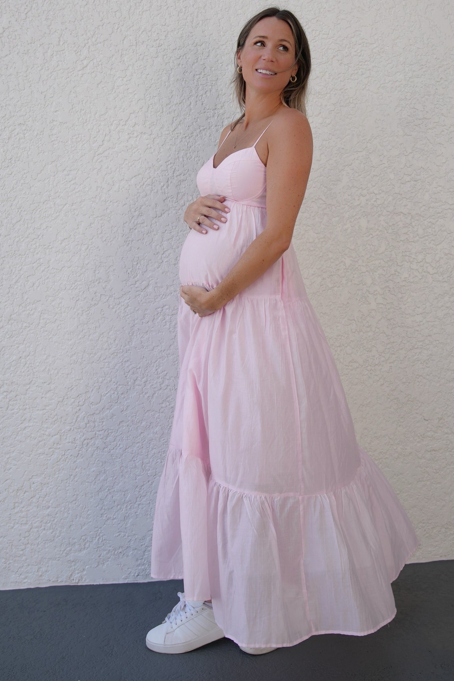 Light Pink Sleeveless Tiered Maternity Maxi Dress PinkBlush Light Pink Sleeveless Tiered Maternity Maxi Dress PinkBlush