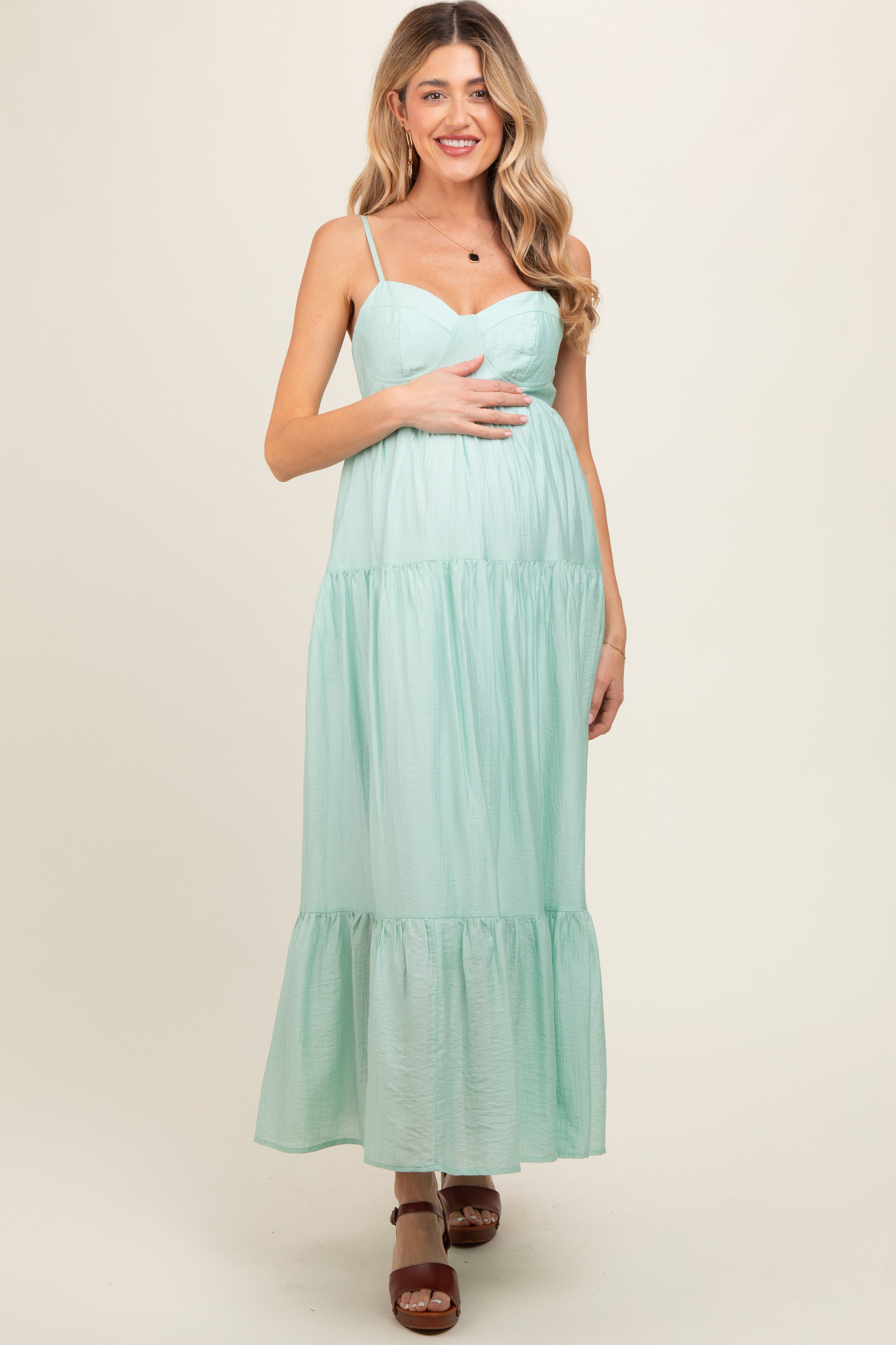 mint green maternity dress Sleeveless Tiered Maxi *fera ballet flats* Drop-waist Fit & Flare Color:Clearance - Champagne The elastic neckline allows