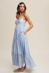 Light Blue Sleeveless Tiered Maxi Dress