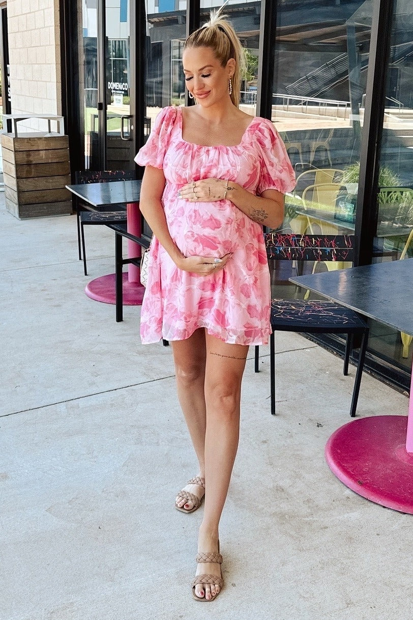 Pink Floral Puff Sleeve Maternity Mini Dress Pink Floral Puff Sleeve Maternity Mini Dress