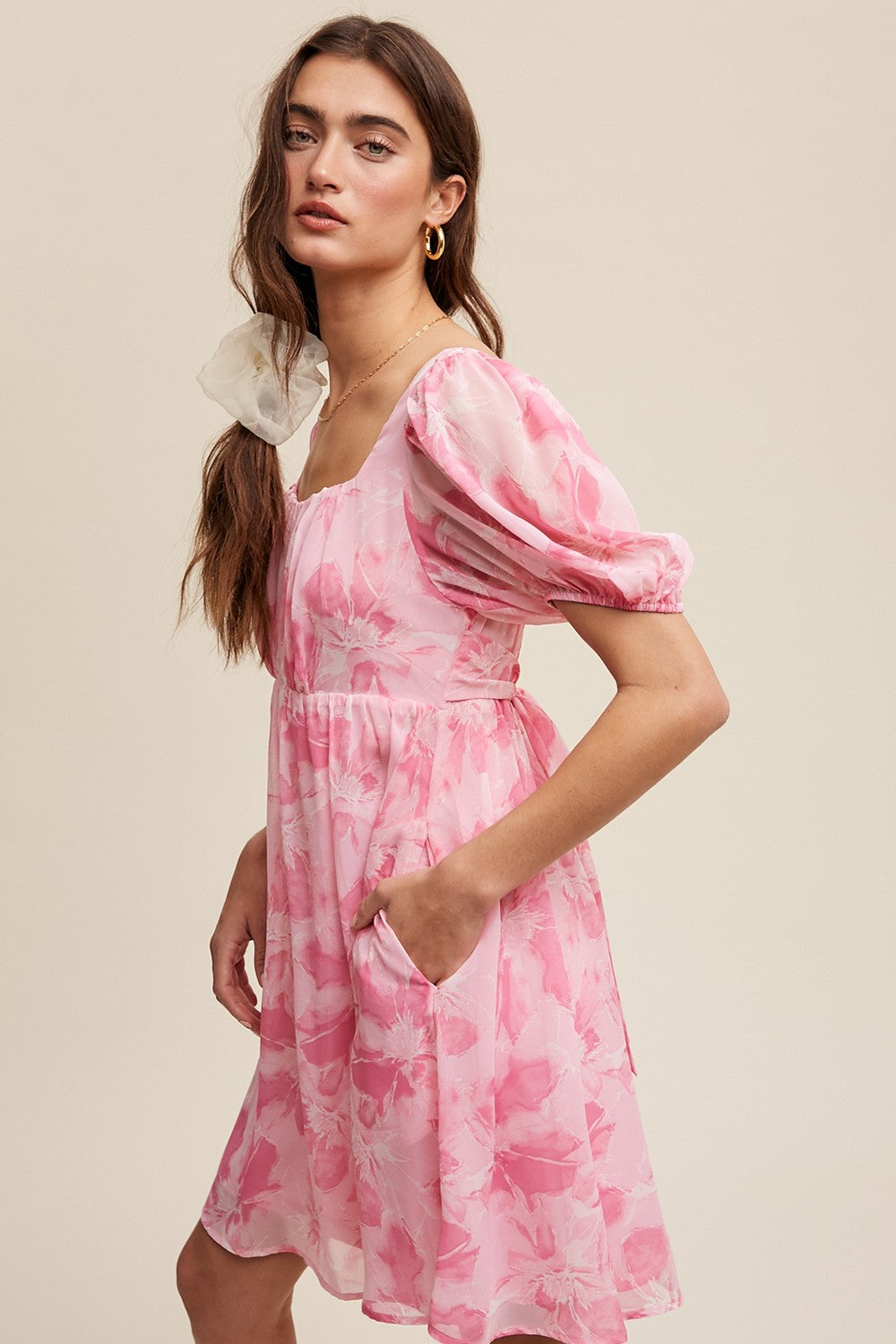 pink floral puff sleeve mini dress Pink Floral Dress - Tiered Mini Dress - Lace-Up Puff Sleeve Dress