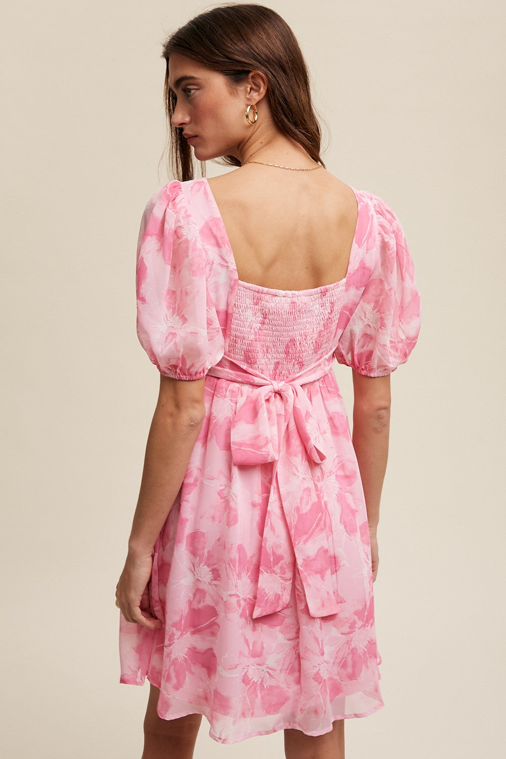 pink floral puff sleeve mini dress Short Pink Floral Casual Party Dress with Puff Sleeves Blush Bloom / Small