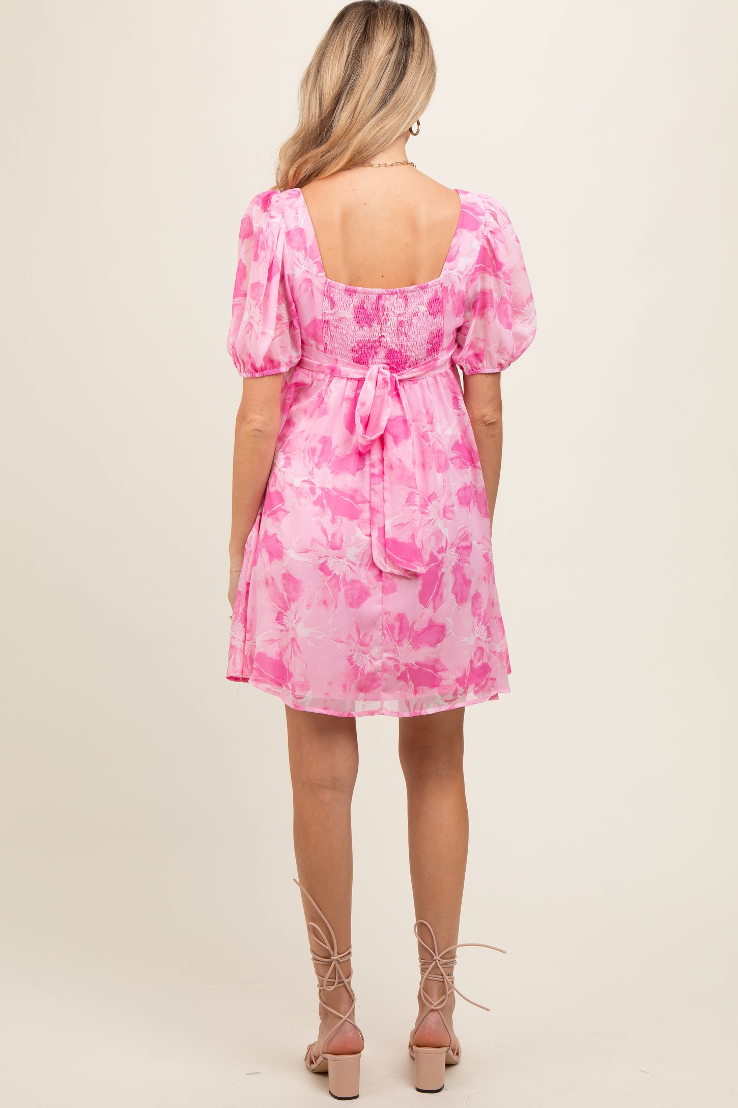 Pink Floral Puff Sleeve Maternity Mini Dress PinkBlush Pink Floral Puff Sleeve Maternity Mini Dress PinkBlush
