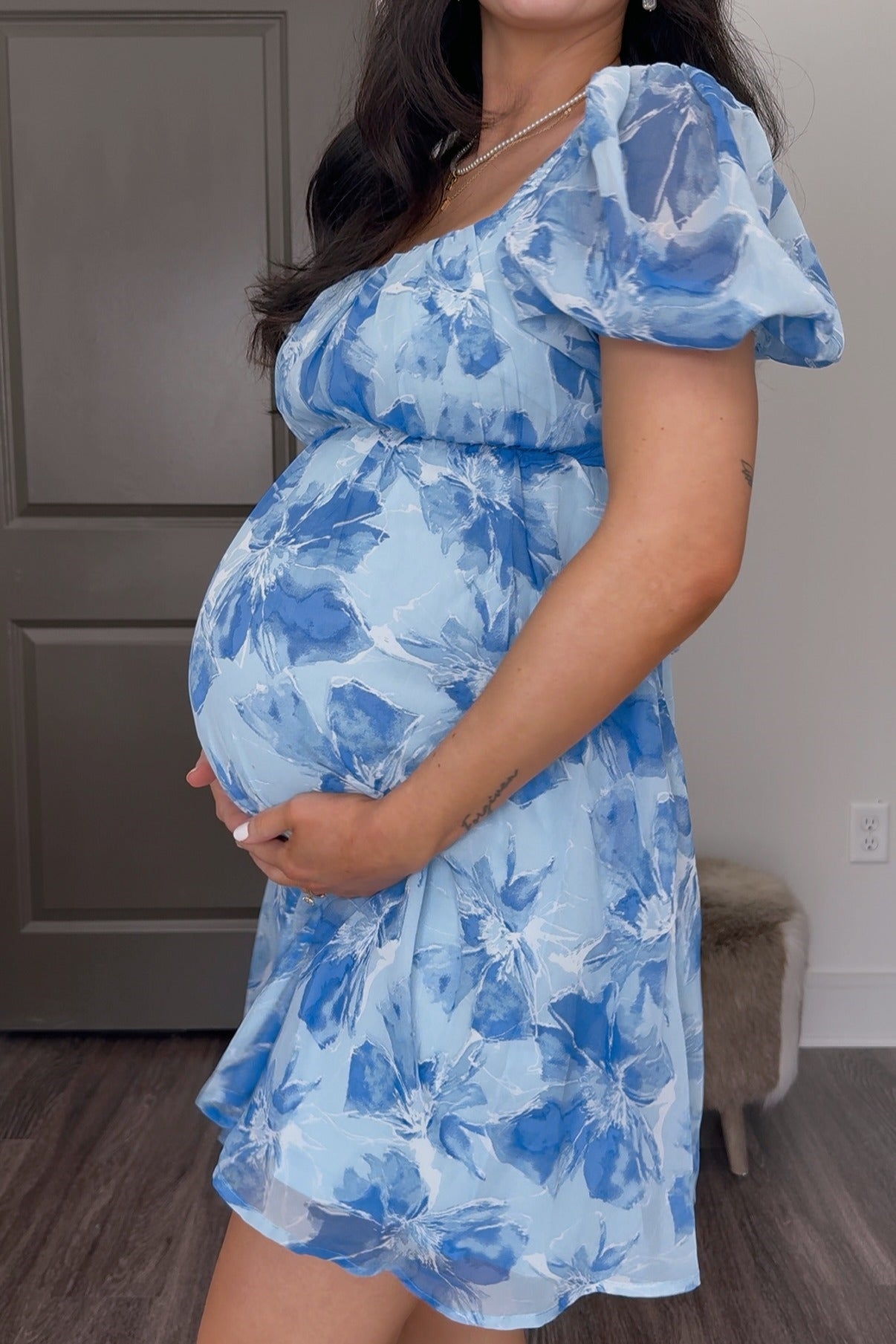 Blue Floral Puff Sleeve Maternity Mini Dress – PinkBlush