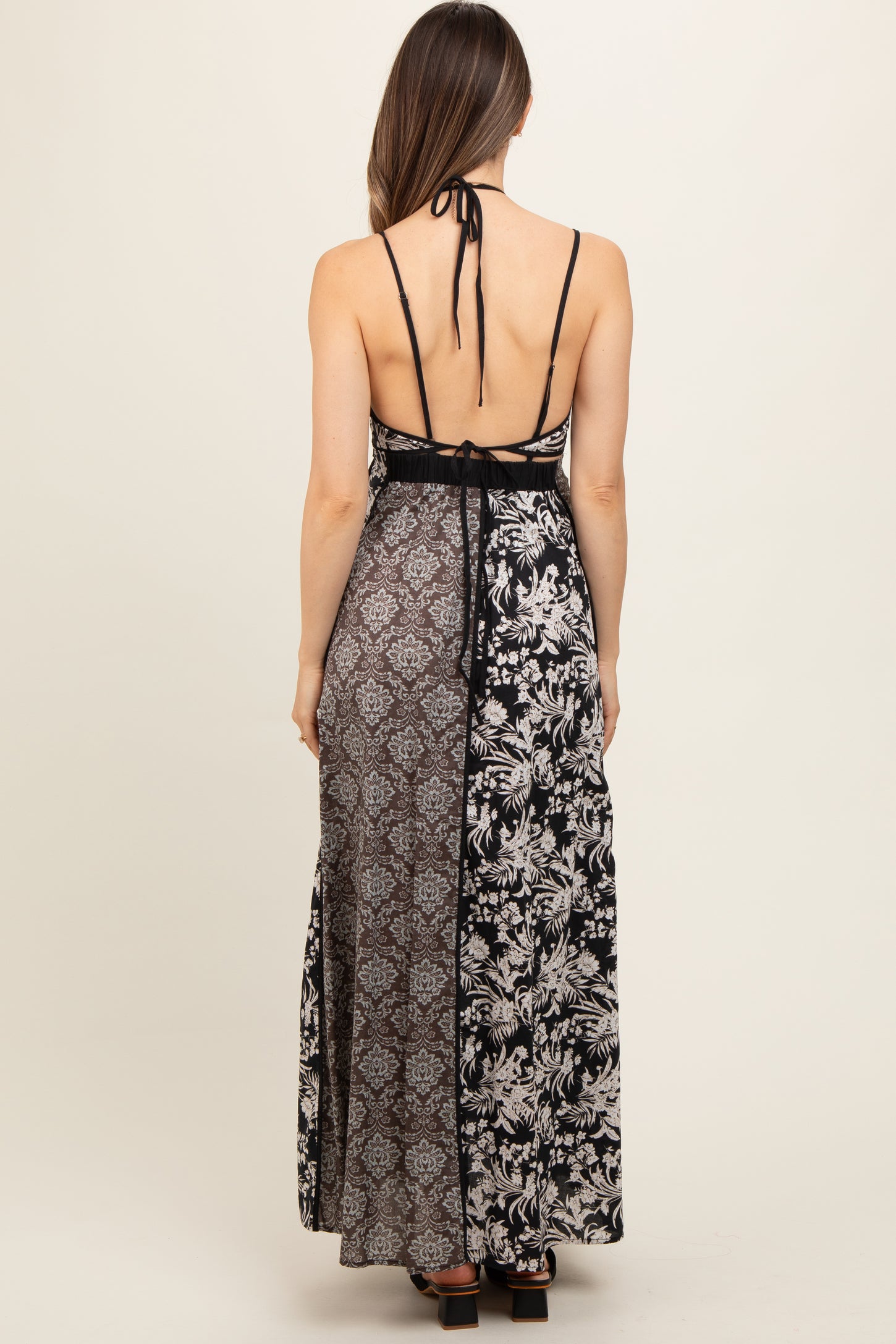 Black Floral Colorblock Cutout Open Back Maternity Maxi Dress PinkBlush Black Floral Colorblock Cutout Open Back Maternity Maxi Dress PinkBlush