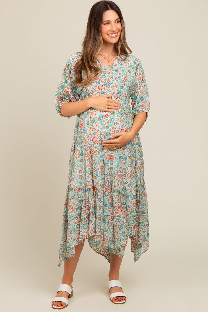 Mint Green Floral Border Print V-Neck Tiered Maternity Midi Dress ...
