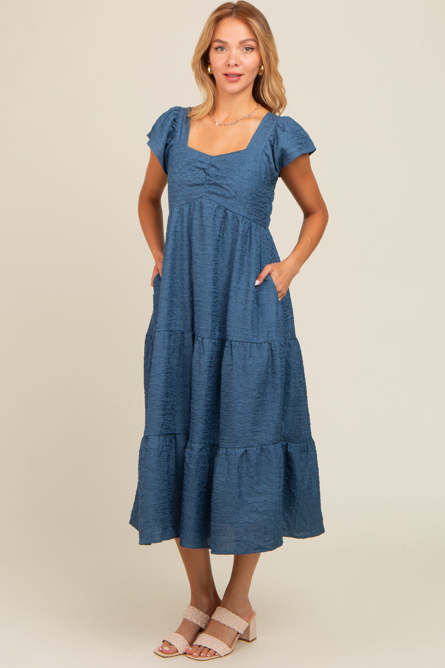 Blue Textured Sweetheart Neck Short Puff Sleeve Tiered Maternity Midi PinkBlush Blue Textured Sweetheart Neck Short Puff Sleeve Tiered Maternity Midi PinkBlush