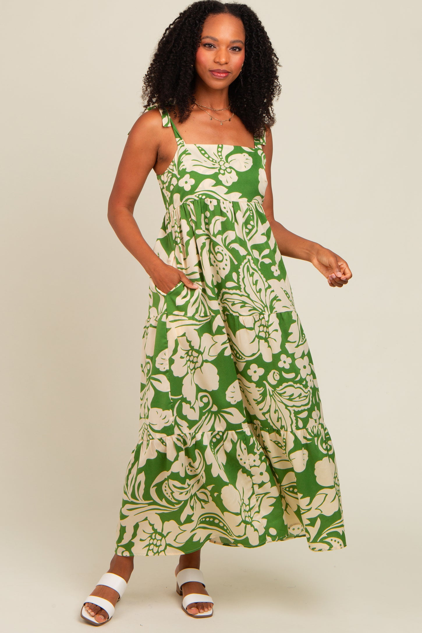 Green Tropical Floral Shoulder Tie Tiered Midi Dress PinkBlush Green Tropical Floral Shoulder Tie Tiered Midi Dress PinkBlush