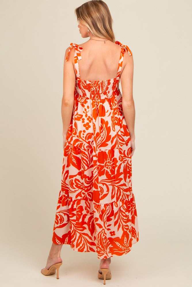 Orange Tropical Floral Shoulder Tie Tiered Maternity Midi Dress