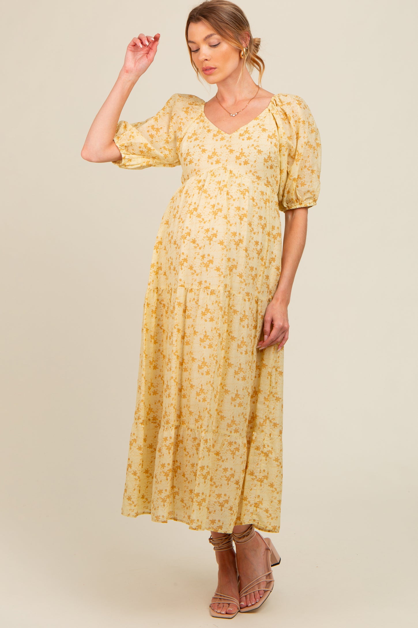 midi yellow maternity dress Momyknows Yellow Off Shoulder Puff Sleeve Full Skirt Ruffle Photoshoot Maternity Midi Dress, Yellow / L