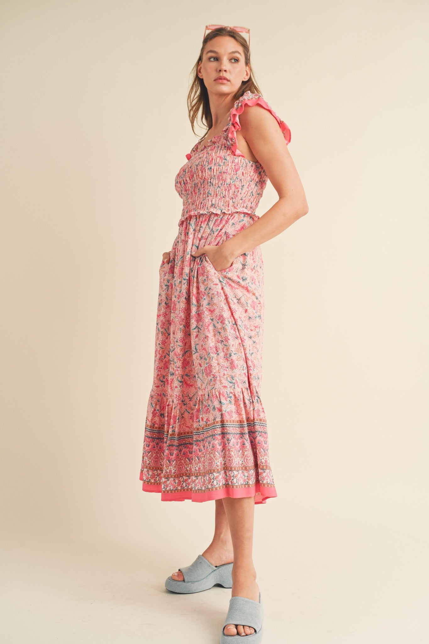 Pink Floral Smocked Midi Dress