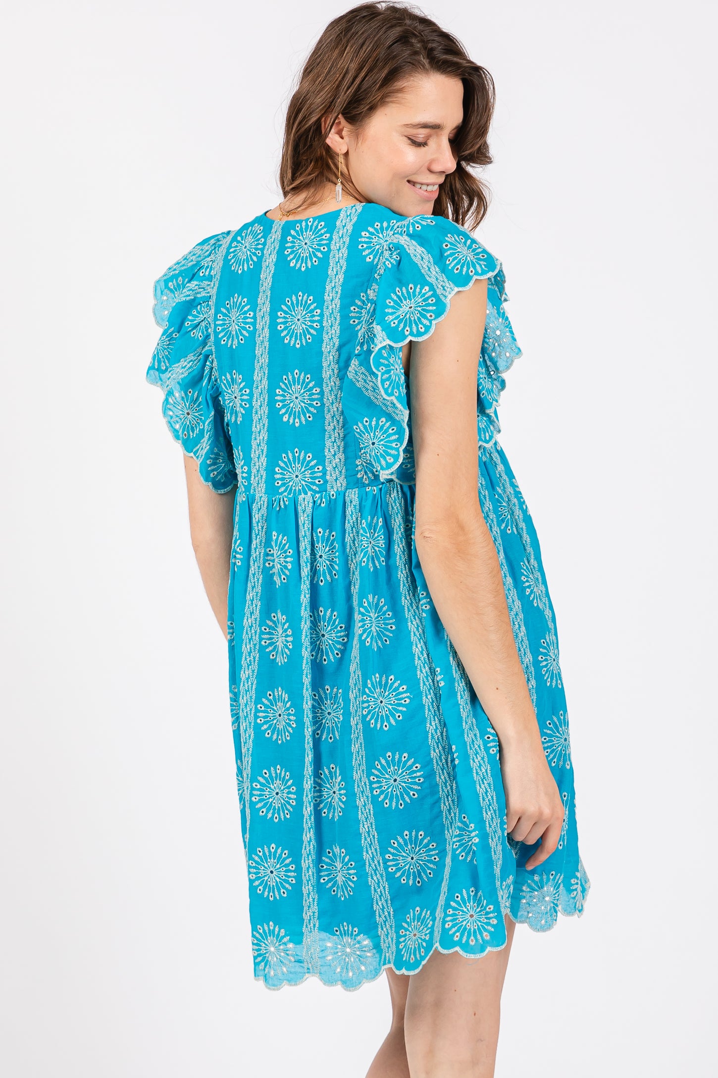 Turquoise Embroidered Flutter Sleeve Dress PinkBlush Turquoise Embroidered Flutter Sleeve Dress PinkBlush