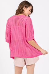 Fuchsia Crochet Knit Short Dolman Sleeve Top