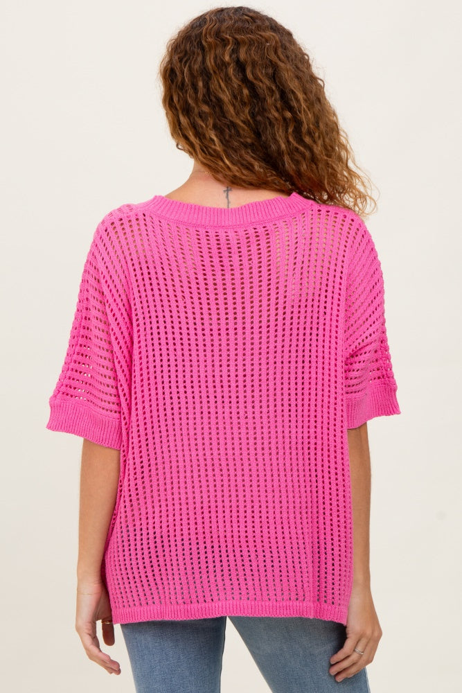 Fuchsia Crochet Knit Short Dolman Sleeve Top