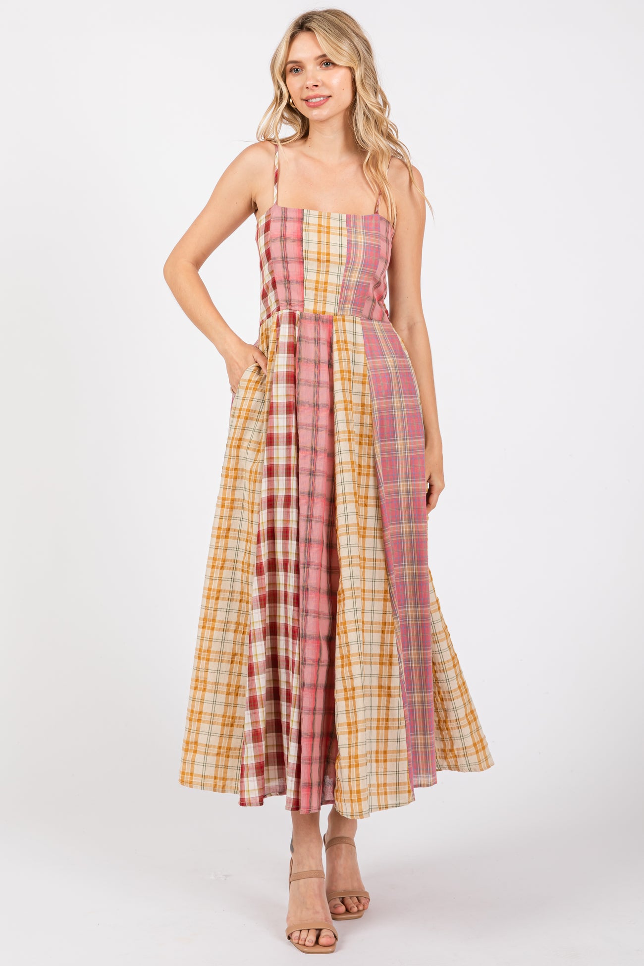 plaid fitted maternity dress Pink Mixed Plaid Maternity Maxi Dress PinkBlush
