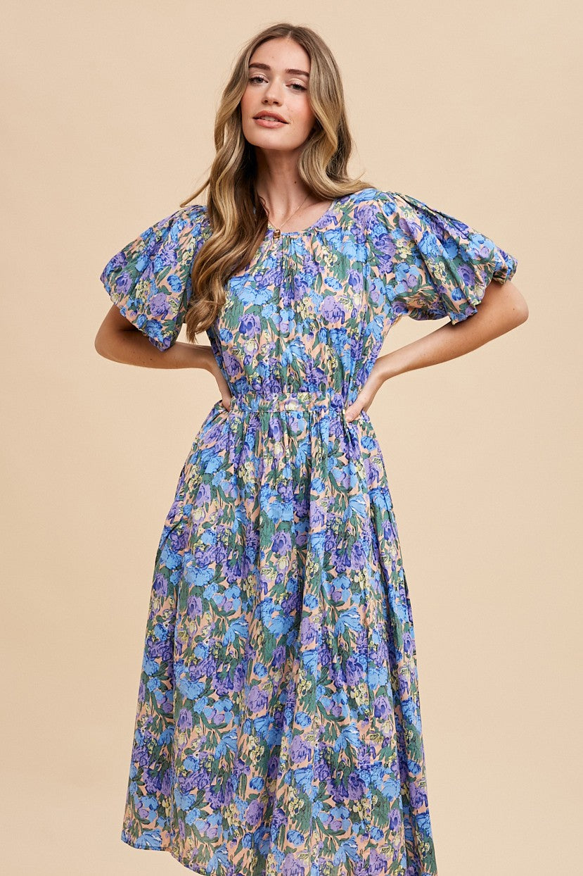 Blue Multi Floral Printed Crew Neck Puff Sleeve Midi Dress – PinkBlush
