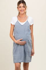 Blue Chambray Front Pocket Maternity Dress