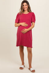 Burgundy Washed Ribbed Puff Sleeve Maternity Dress
