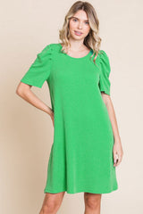 Green Washed Ribbed Puff Sleeve Dress