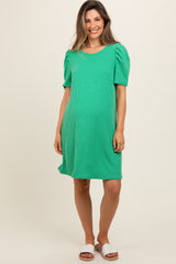 Green Washed Ribbed Puff Sleeve Maternity Dress