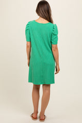 Green Washed Ribbed Puff Sleeve Maternity Dress