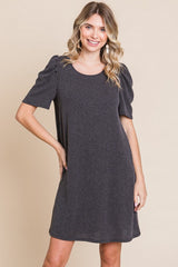 Charcoal Washed Ribbed Puff Sleeve Dress