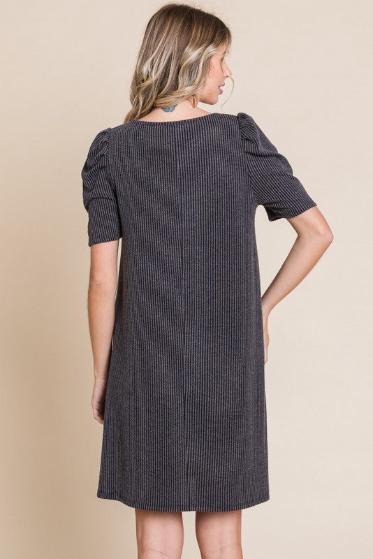 Charcoal Washed Ribbed Puff Sleeve Dress