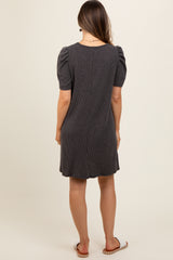 Charcoal Washed Ribbed Puff Sleeve Maternity Dress
