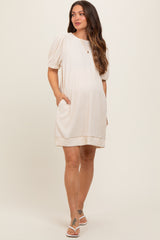 Ivory Textured Stripe Knit Short Puff Sleeve Maternity Dress