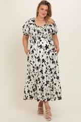 Cream Floral Puff Sleeve Maternity Plus Midi Dress