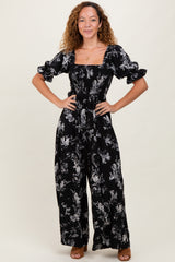 Black Floral Smocked Square Neck Wide Leg Jumpsuit