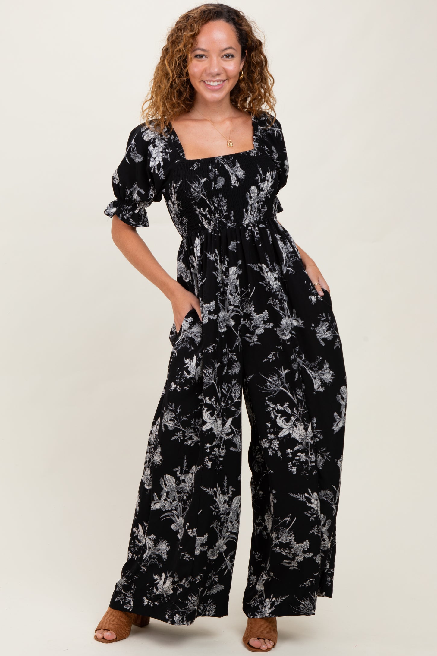 Black Floral Smocked Square Neck Wide Leg Maternity Jumpsuit