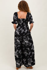 Black Floral Smocked Square Neck Wide Leg Jumpsuit
