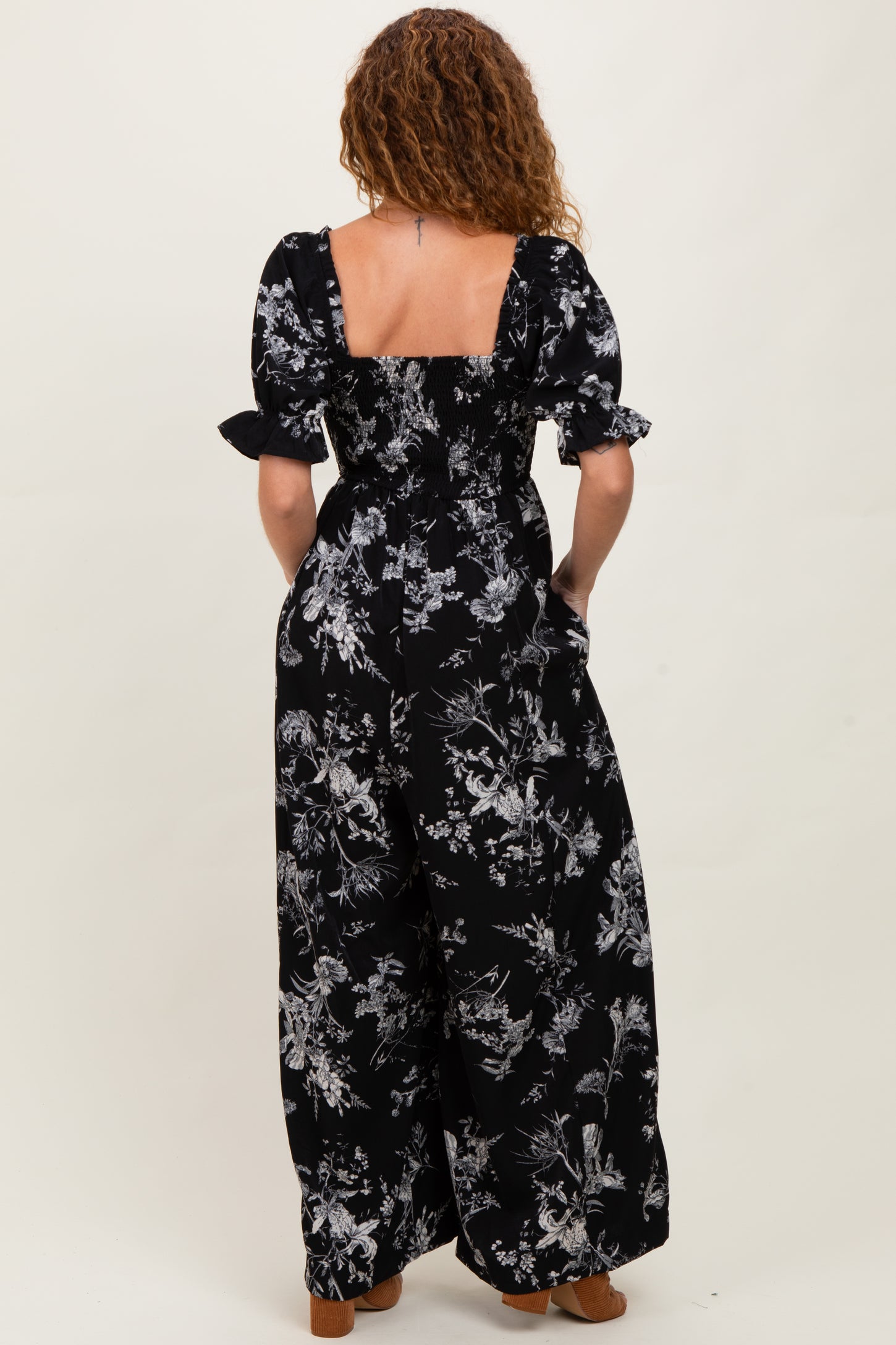 Black Floral Smocked Square Neck Wide Leg Jumpsuit