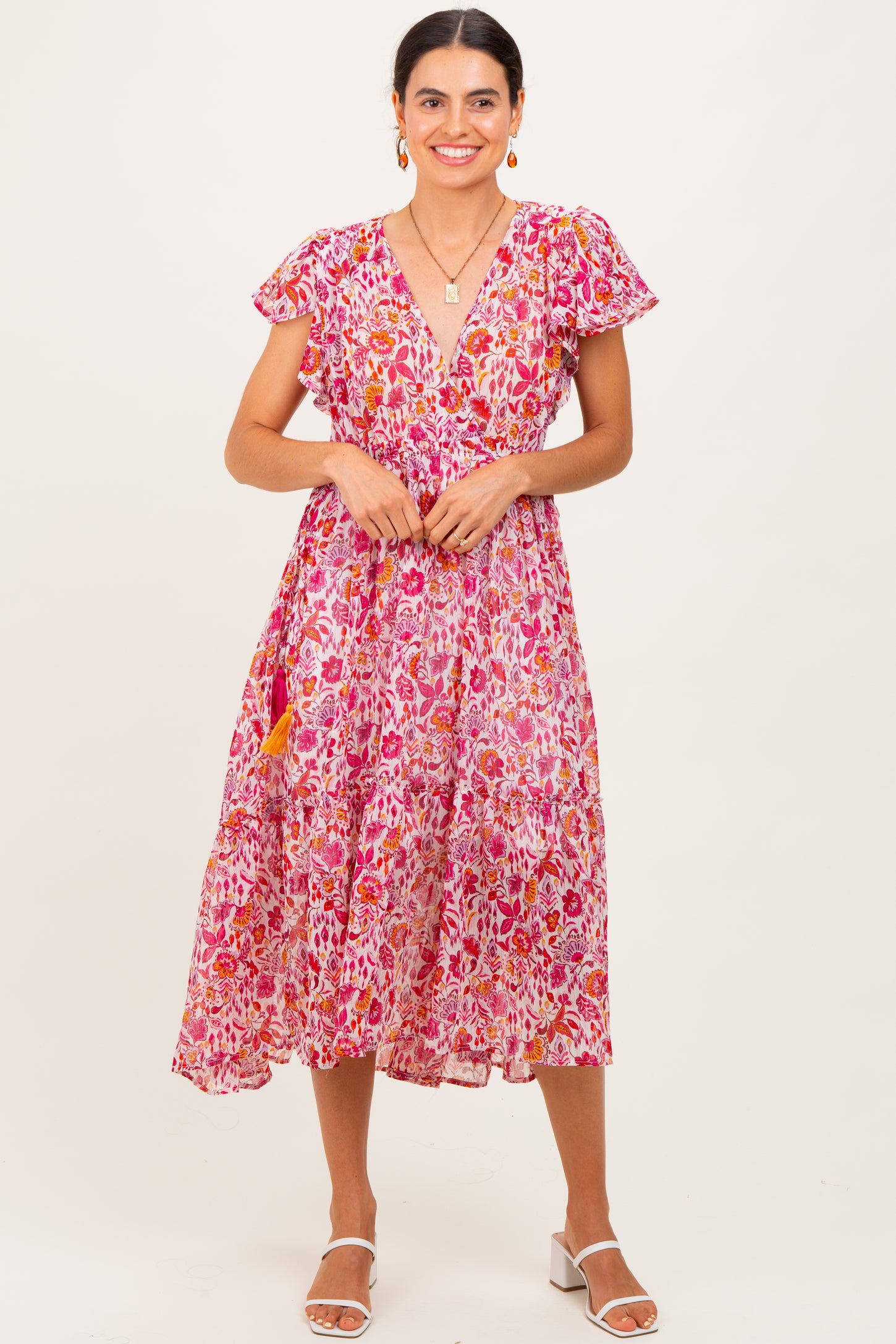 Pink Floral Chiffon Flutter Sleeve Ruffle Hem Midi Dress PinkBlush Pink Floral Chiffon Flutter Sleeve Ruffle Hem Midi Dress PinkBlush