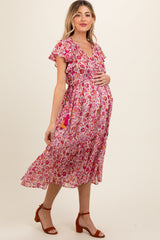Pink Floral Chiffon Flutter Sleeve Ruffle Hem Maternity Midi Dress