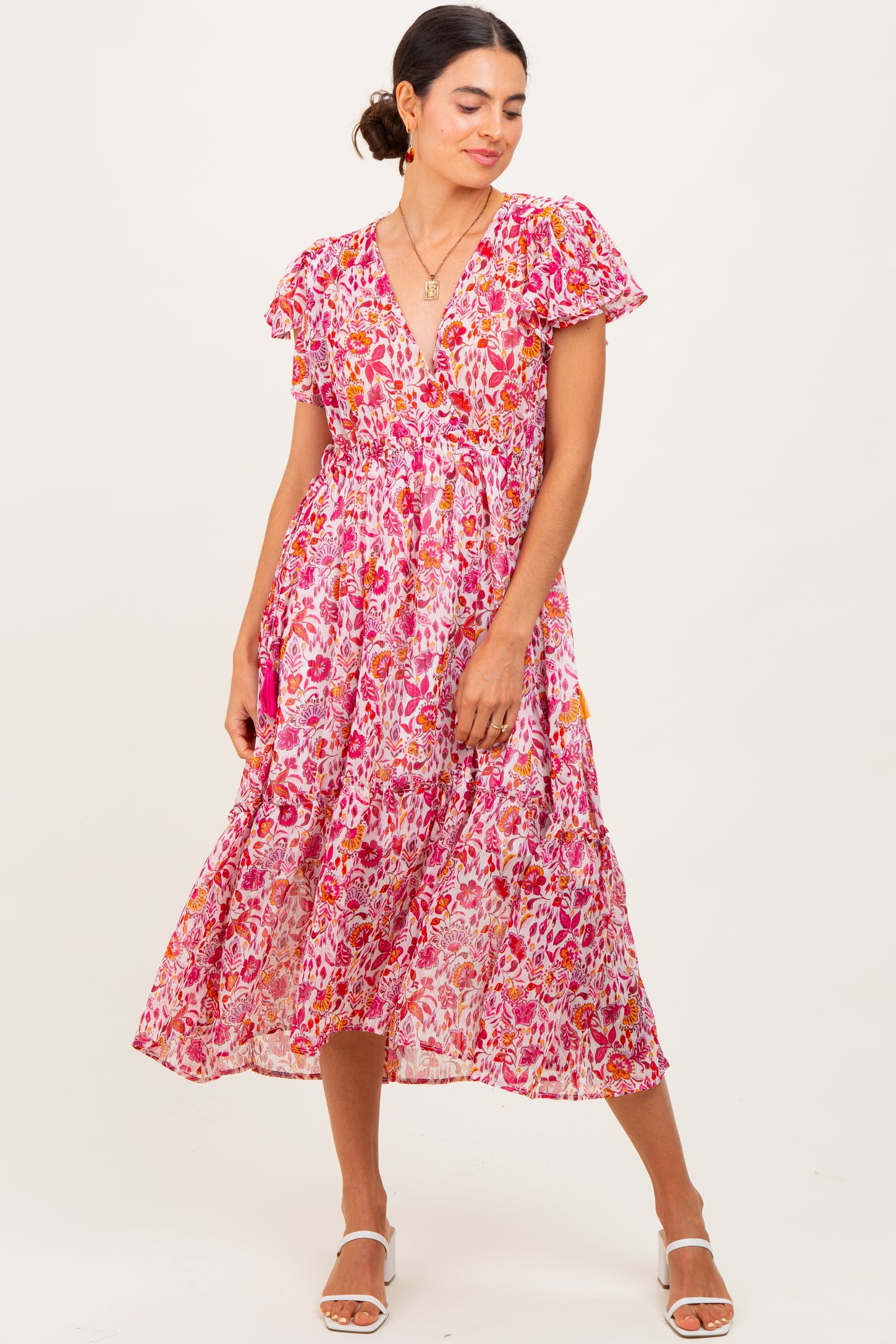 Pink Floral Chiffon Flutter Sleeve Ruffle Hem Midi Dress PinkBlush Pink Floral Chiffon Flutter Sleeve Ruffle Hem Midi Dress PinkBlush