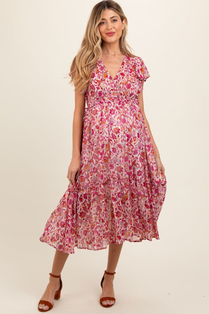 white christmas dresses Pink Floral Chiffon Flutter Sleeve Ruffle Hem Maternity Midi Dress –  PinkBlush